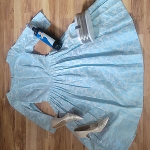 Vintage 60s Homemade Jacqard Floral Blue Full Swing Dress S